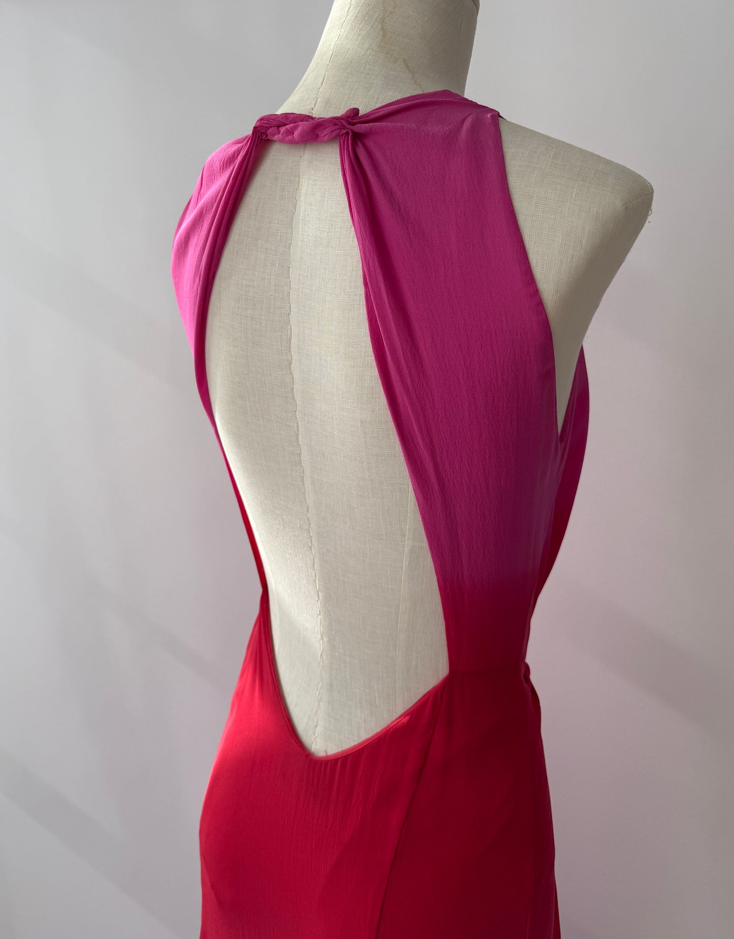 Vintage Versace F/W 2002 Runway Pink Ombre Open Back Silk Dress in size S.