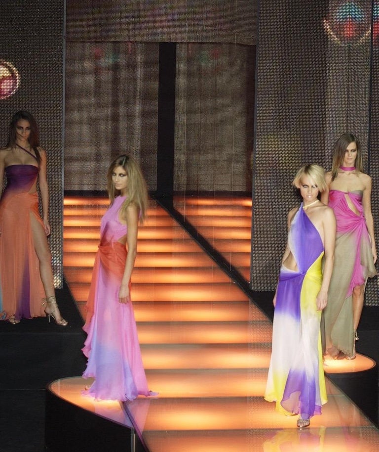 Vintage Versace F/W 2002 Runway Pink Ombre Open Back Silk Dress in size S.