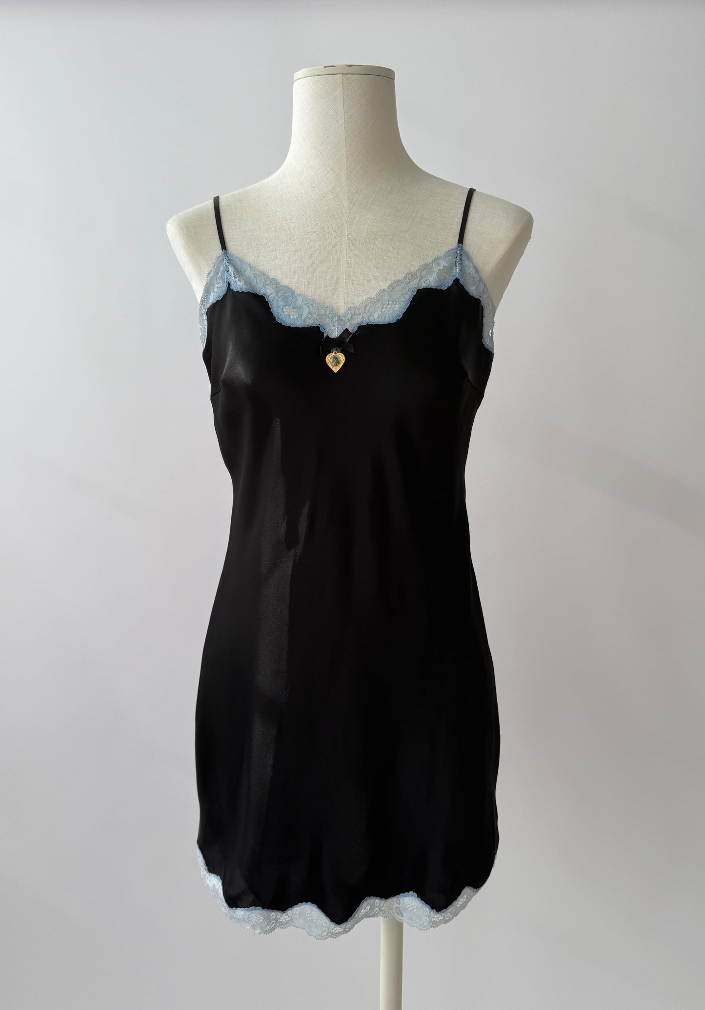 Dolce & Gabbana S/S 1995 Vintage Black and Blue Satin Pendant Slip Dress with Lace Trim in size M.