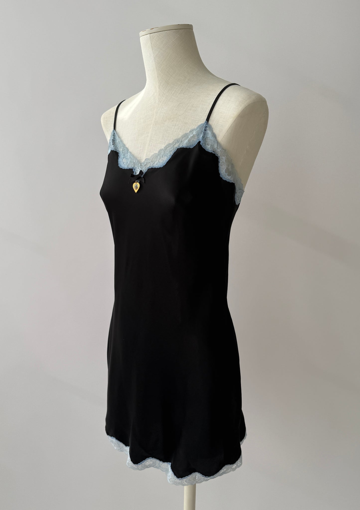Dolce & Gabbana S/S 1995 Vintage Black and Blue Satin Pendant Slip Dress with Lace Trim in size M.