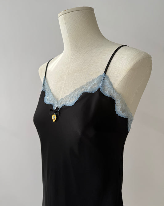 Dolce & Gabbana S/S 1995 Vintage Black and Blue Satin Pendant Slip Dress with Lace Trim in size M.