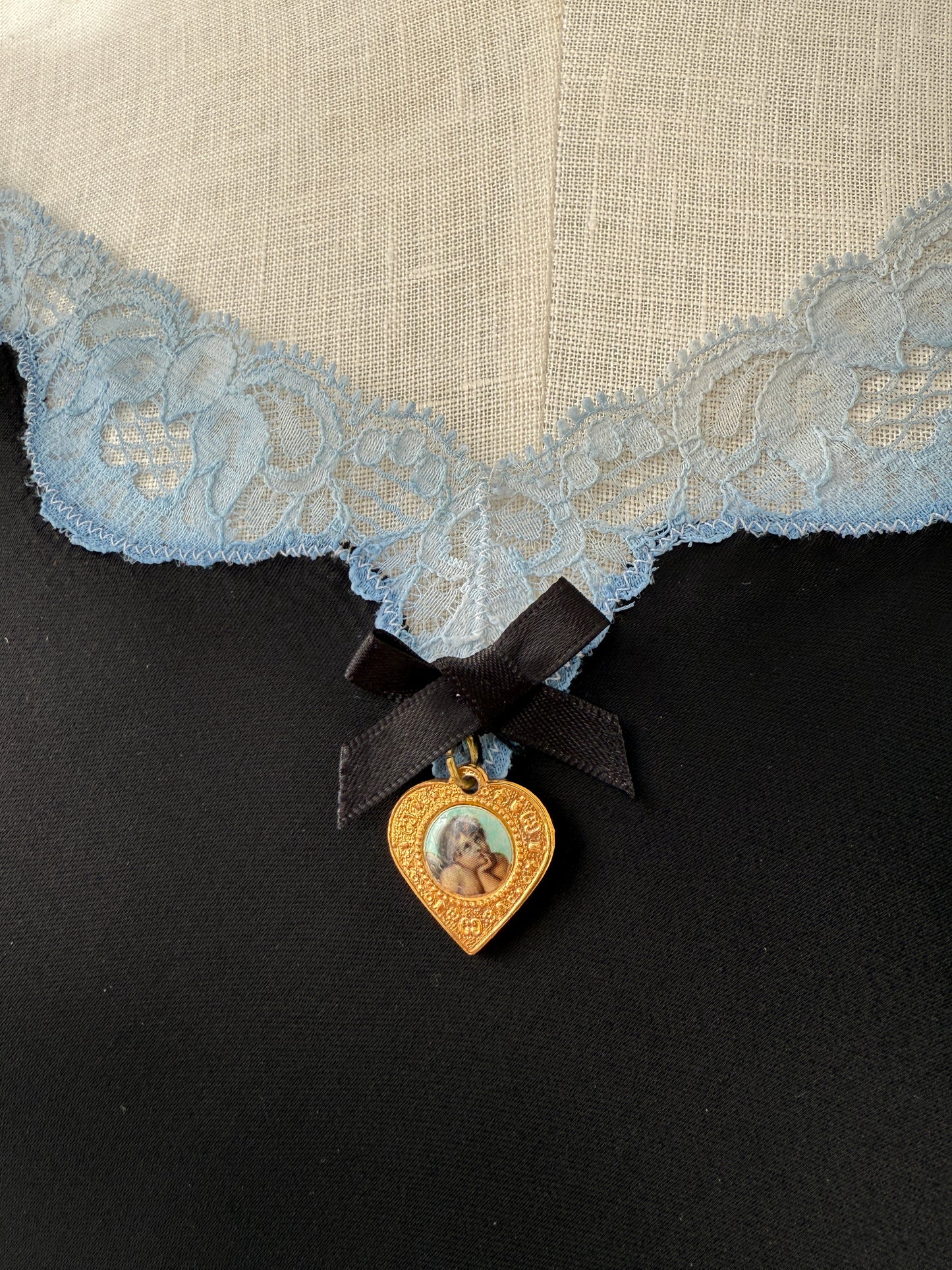 Dolce & Gabbana S/S 1995 Vintage Black and Blue Satin Pendant Slip Dress with Lace Trim in size M.