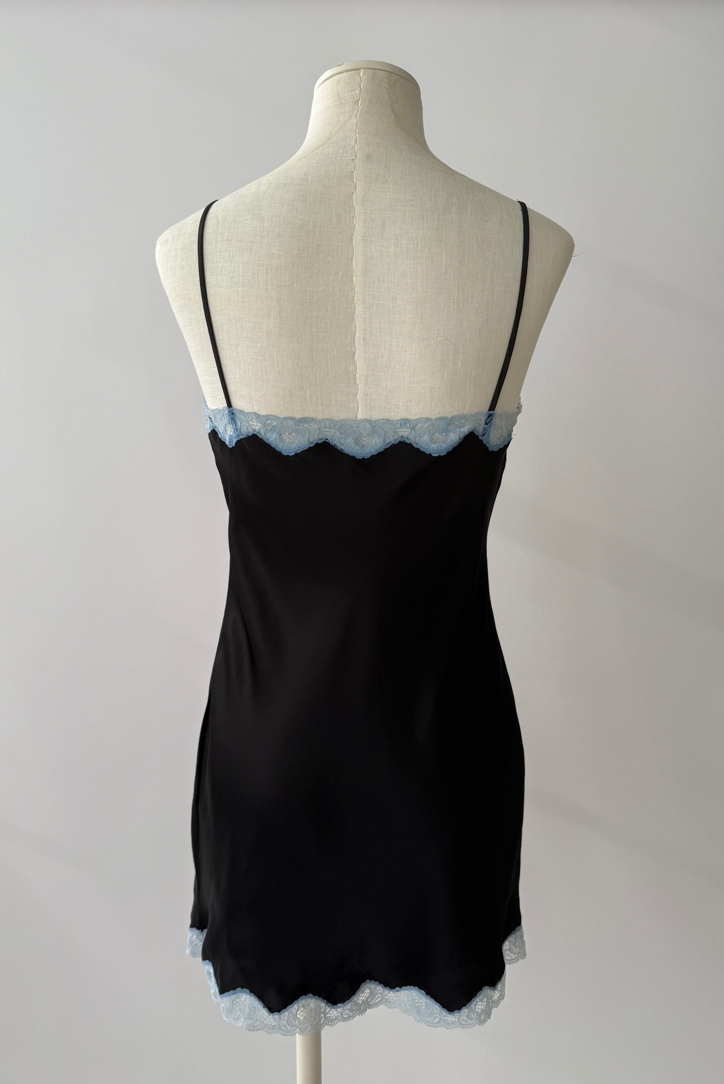 Dolce & Gabbana S/S 1995 Vintage Black and Blue Satin Pendant Slip Dress with Lace Trim in size M.