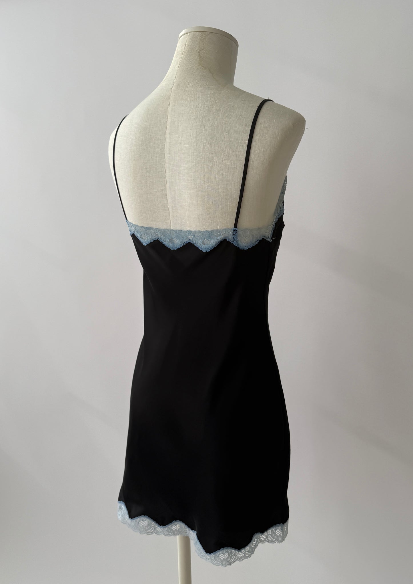Dolce & Gabbana S/S 1995 Vintage Black and Blue Satin Pendant Slip Dress with Lace Trim in size M.