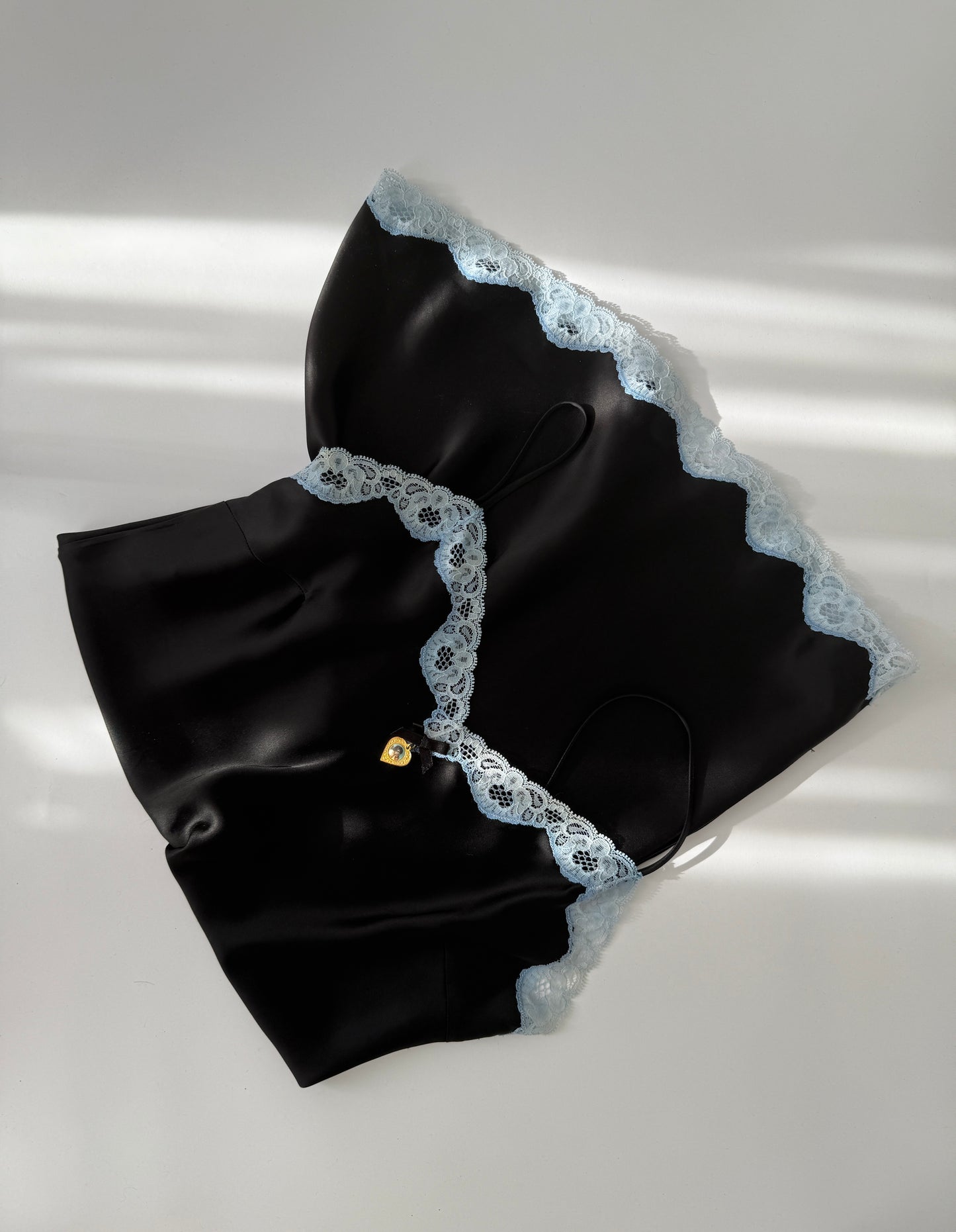 Dolce & Gabbana S/S 1995 Vintage Black and Blue Satin Pendant Slip Dress with Lace Trim in size M.