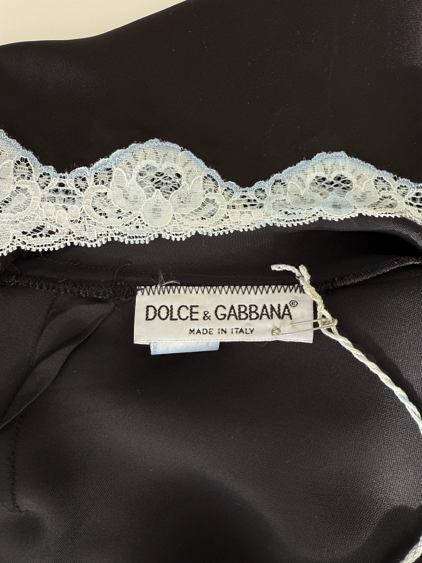 Dolce & Gabbana S/S 1995 Vintage Black and Blue Satin Pendant Slip Dress with Lace Trim in size M.