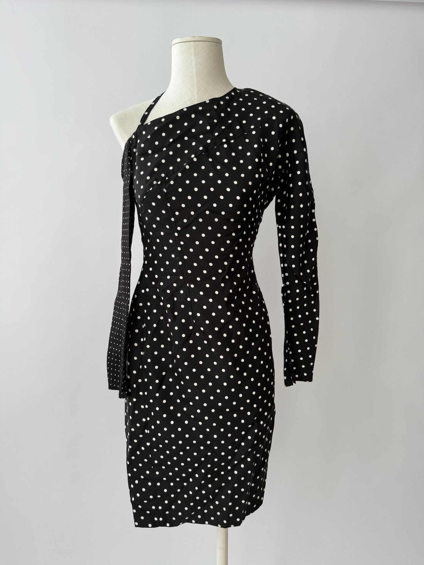 Versace S/S 1987 Runway Polkadot One Shoulder Silk Dress in size S.