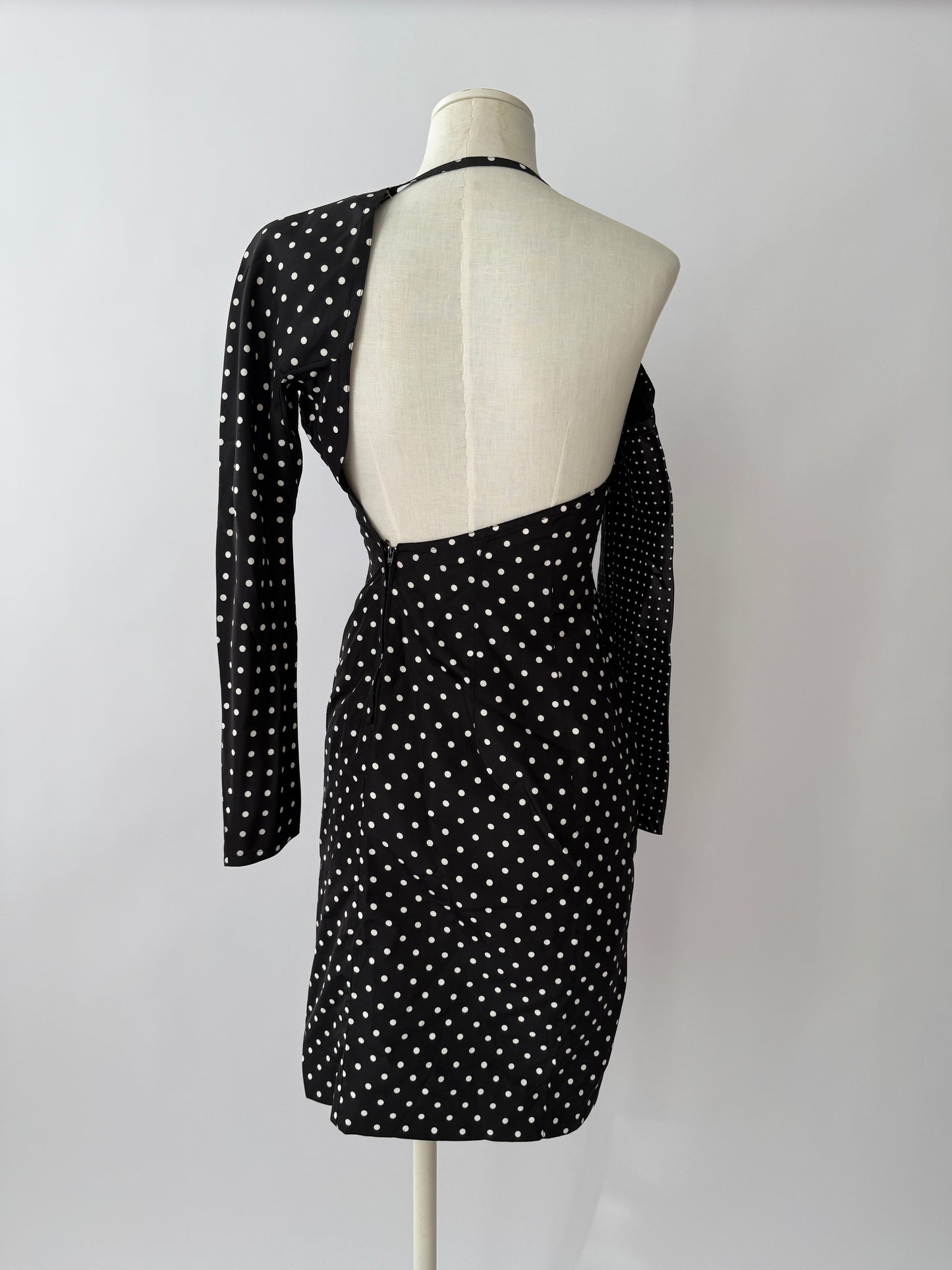 Versace S/S 1987 Runway Polkadot One Shoulder Silk Dress in size S.
