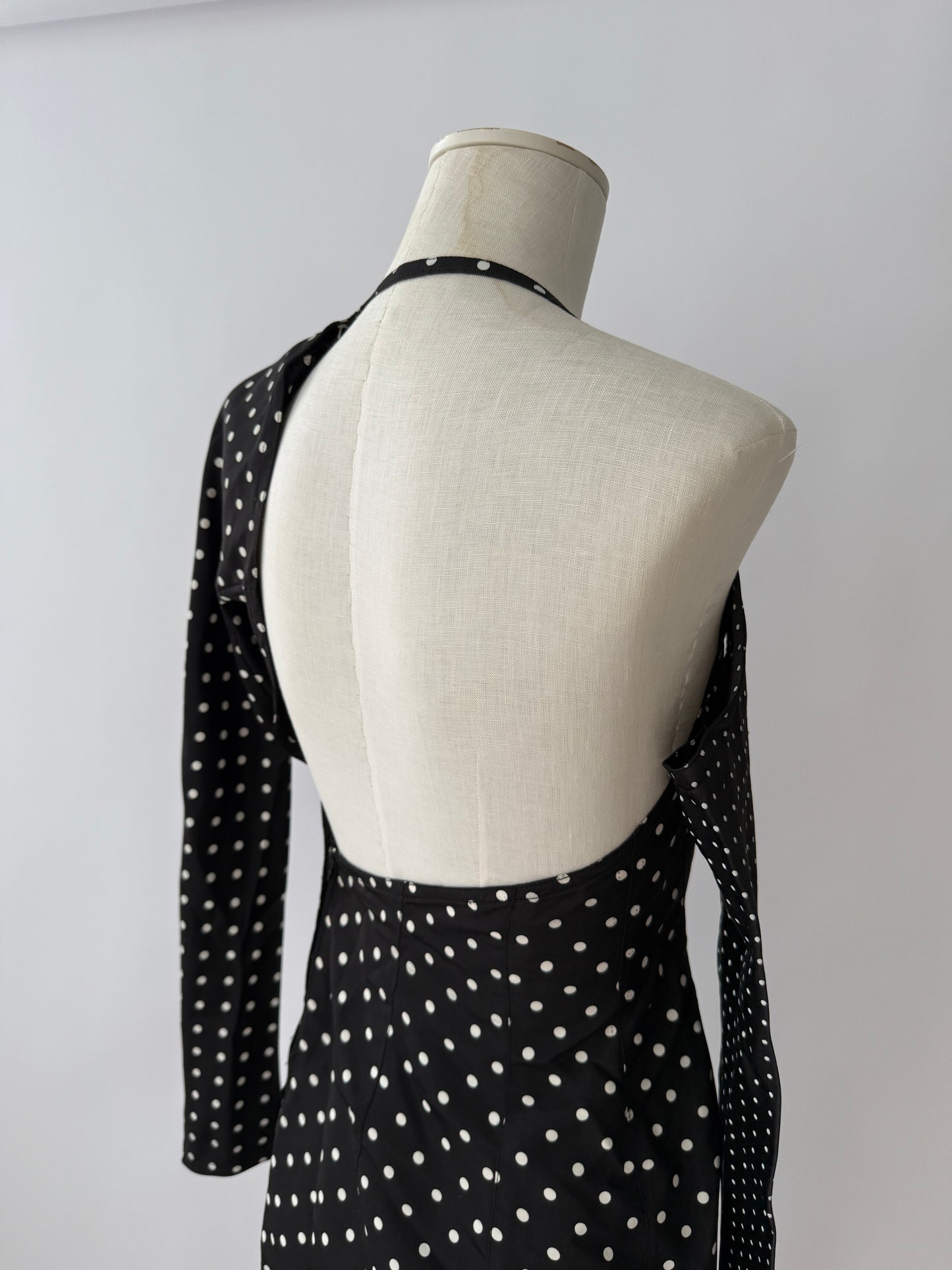 Versace S/S 1987 Runway Polkadot One Shoulder Silk Dress in size S.