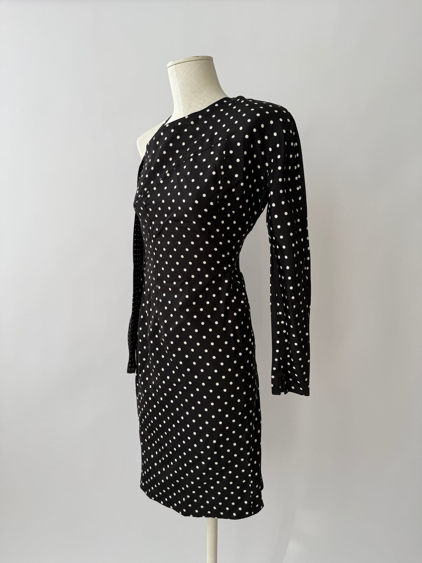 Versace S/S 1987 Runway Polkadot One Shoulder Silk Dress in size S.