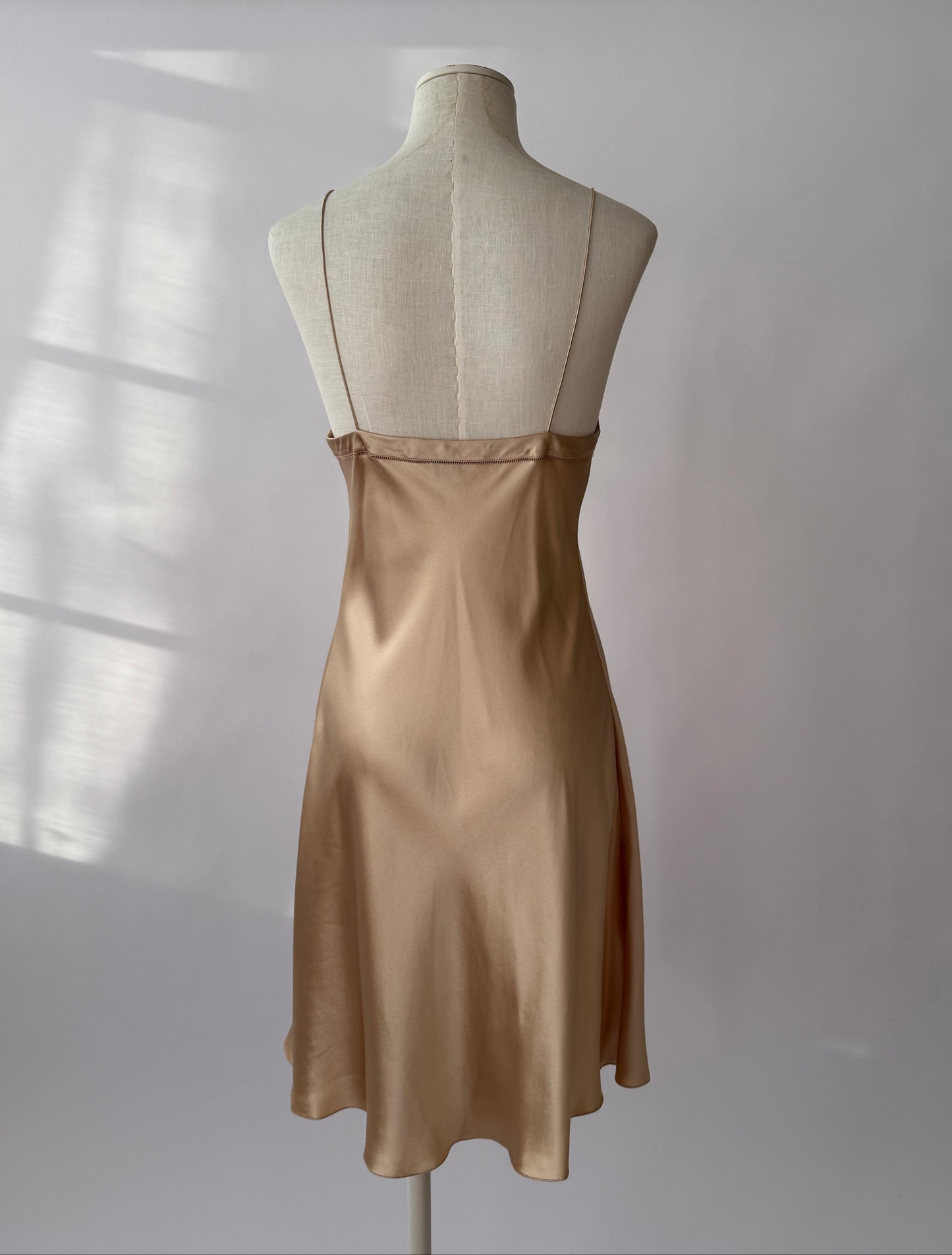 Ralph Lauren Purple Label S/S 2012 Champagne Bias Cut Silk Slip Dress in size S/M on a mannequin.