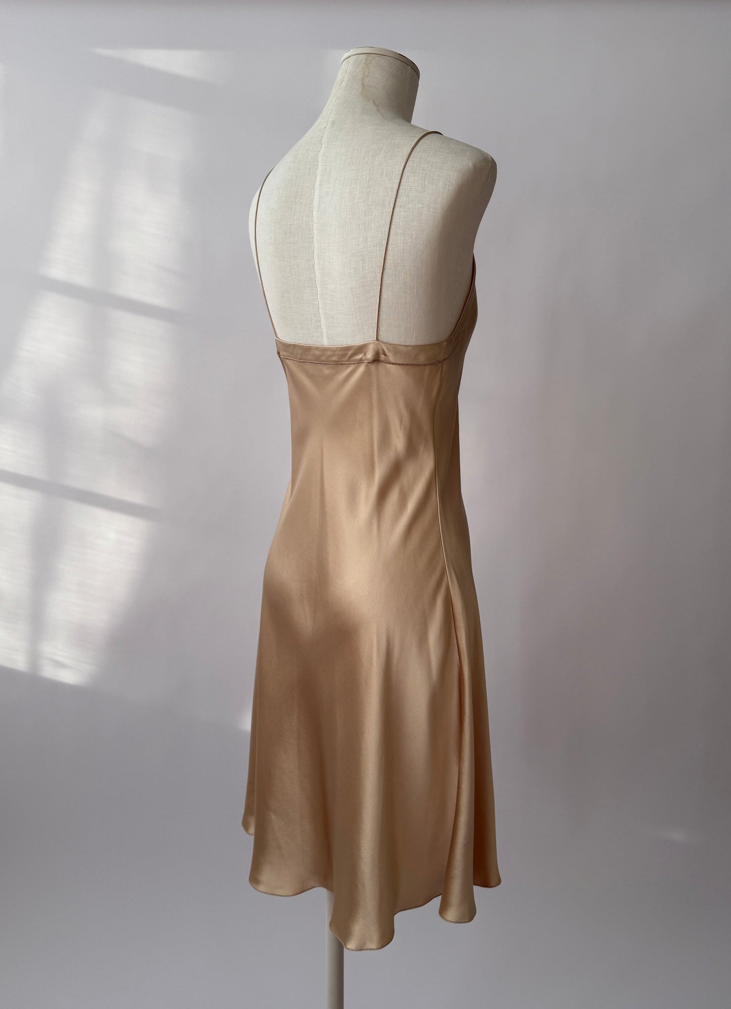 Ralph Lauren Purple Label S/S 2012 Champagne Bias Cut Silk Slip Dress in size S/M on a mannequin.