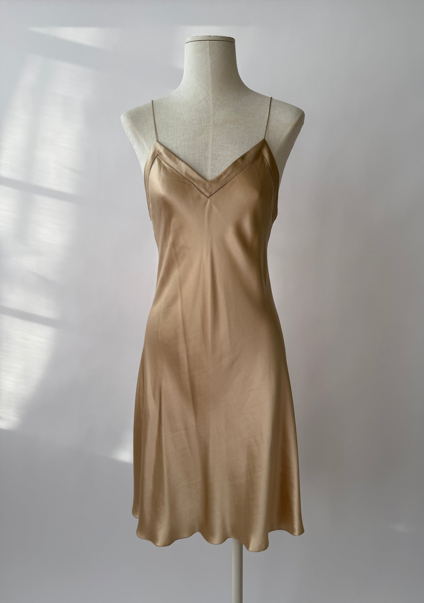Ralph Lauren Purple Label S/S 2012 Champagne Bias Cut Silk Slip Dress in size S/M on a mannequin.