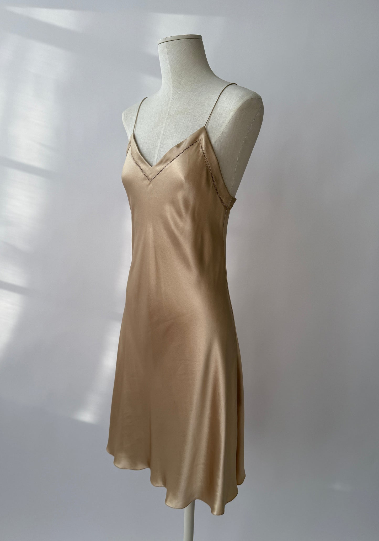 Ralph Lauren Purple Label S/S 2012 Champagne Bias Cut Silk Slip Dress in size S/M on a mannequin.