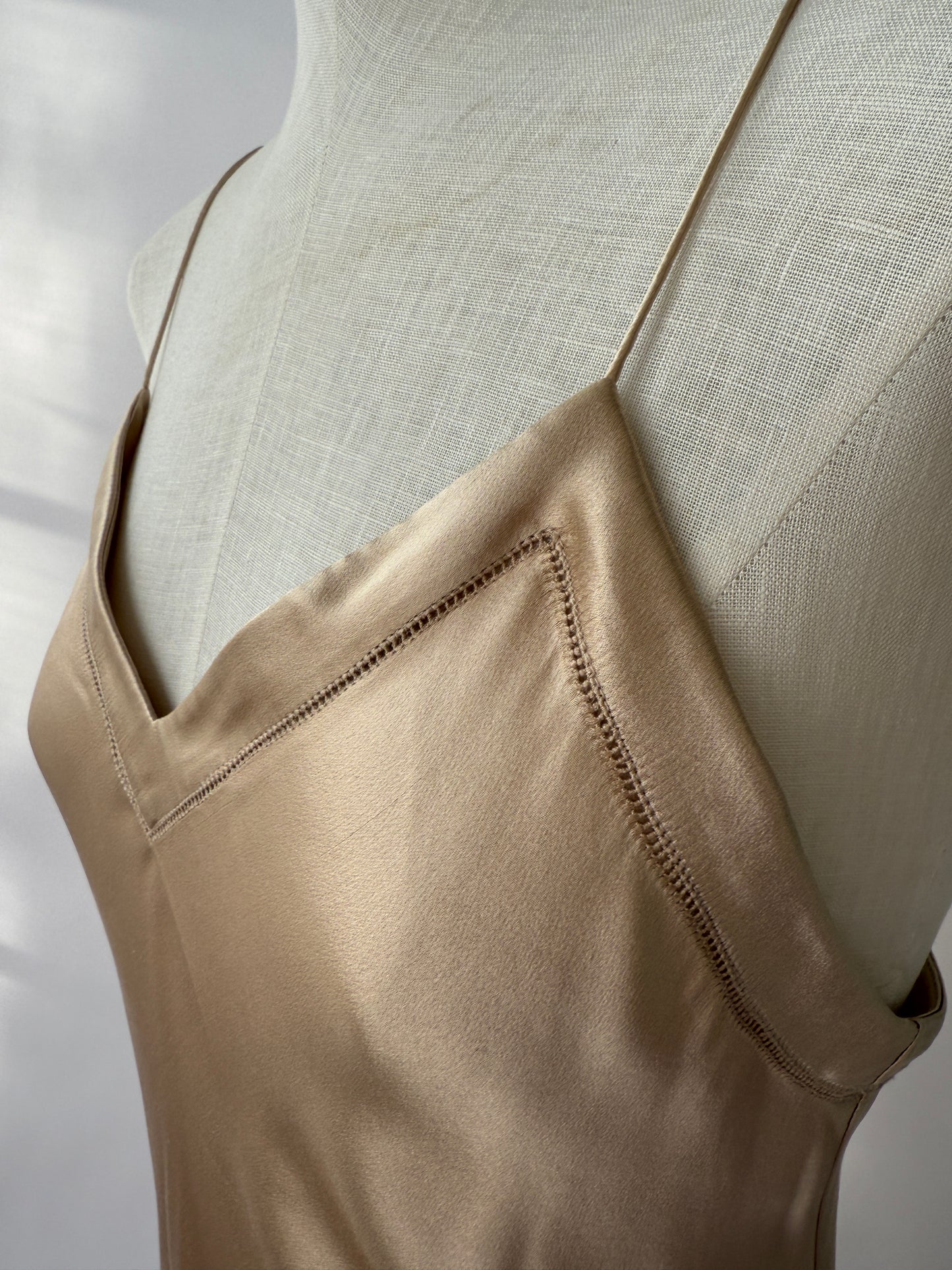 Ralph Lauren Purple Label S/S 2012 Champagne Bias Cut Silk Slip Dress in size S/M on a mannequin.