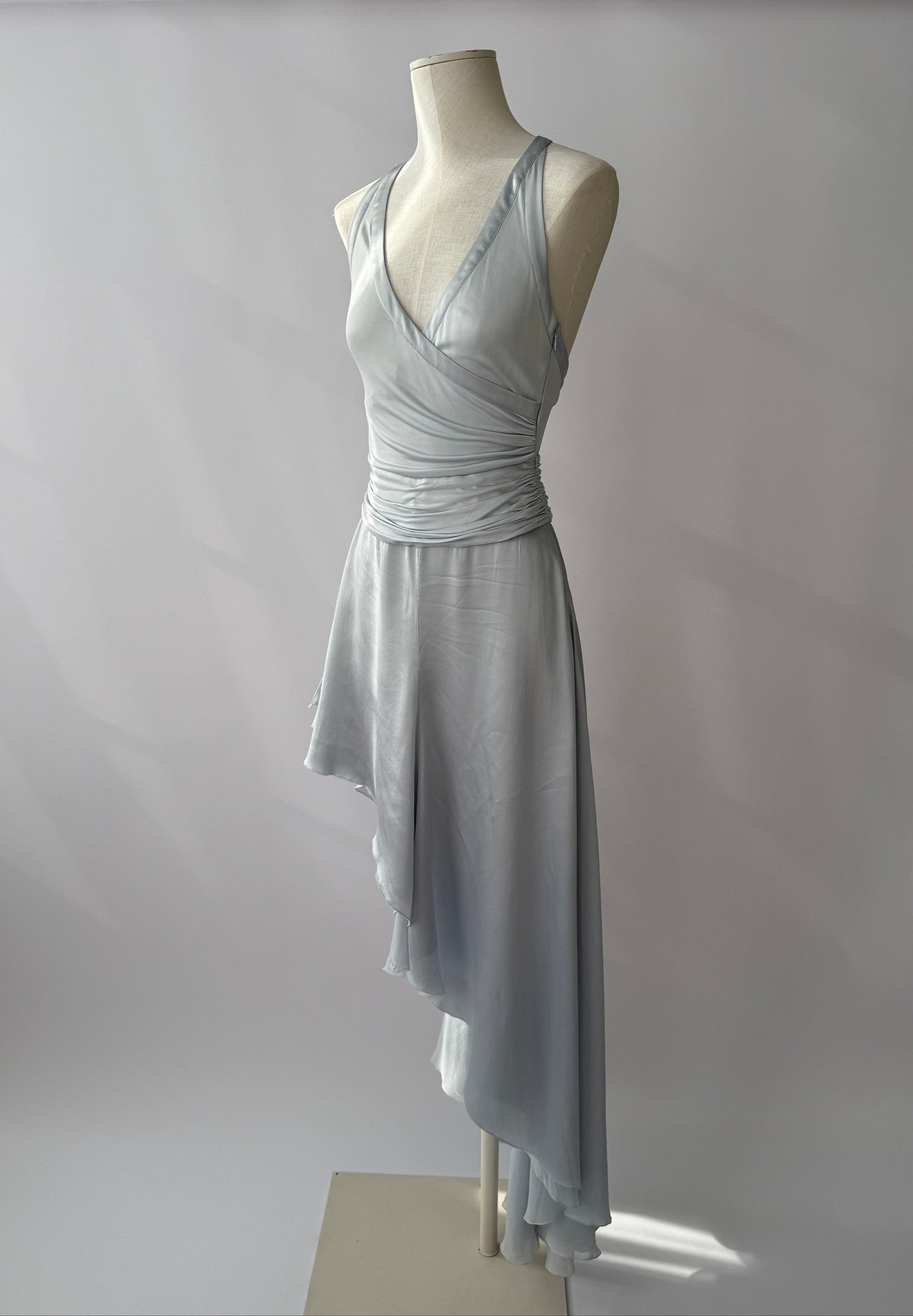 Versace S/S 2005 Vintage Light Blue Plunging Silk Asymmetric Dress (S/M)