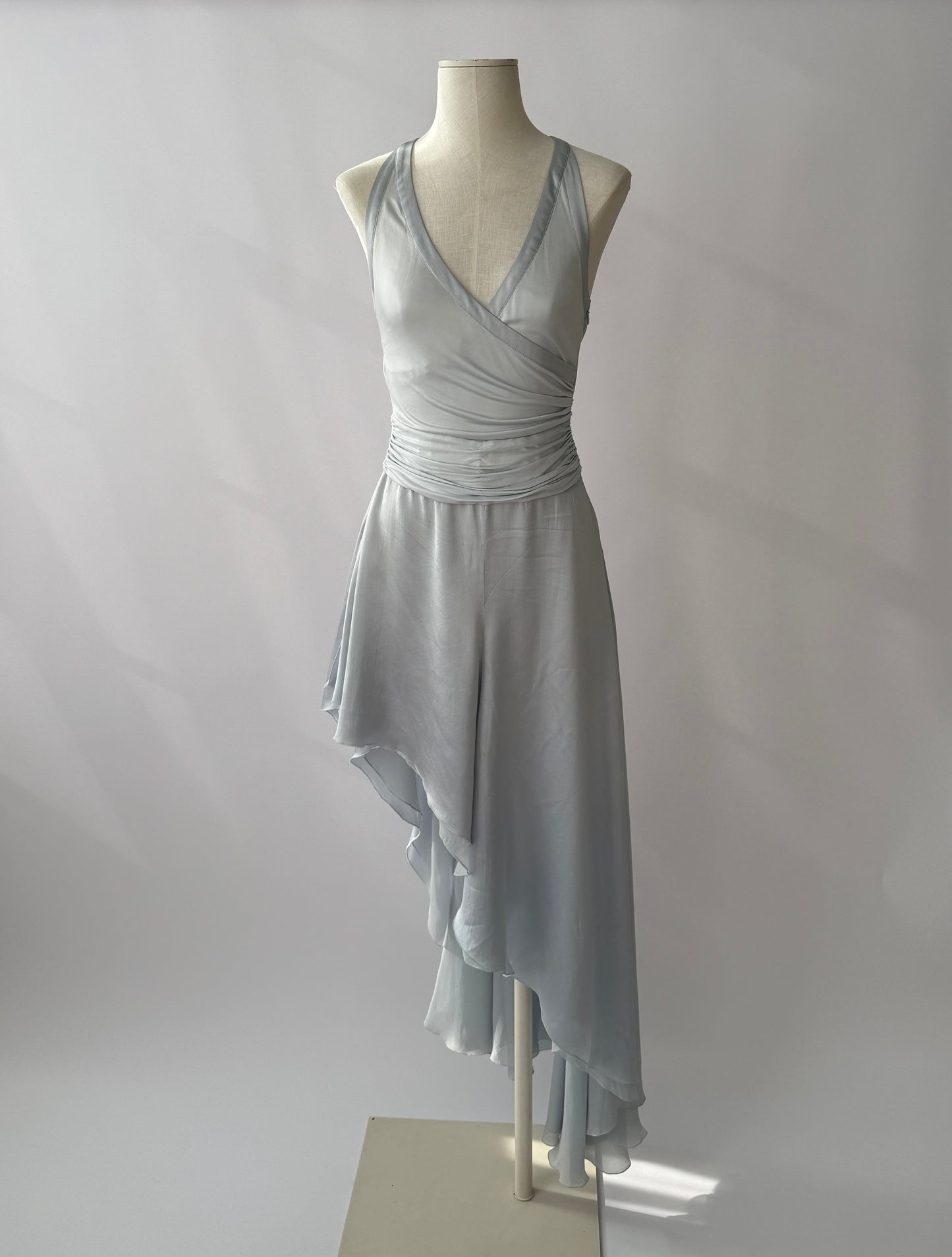 Versace S/S 2005 Vintage Light Blue Plunging Silk Asymmetric Dress (S/M)