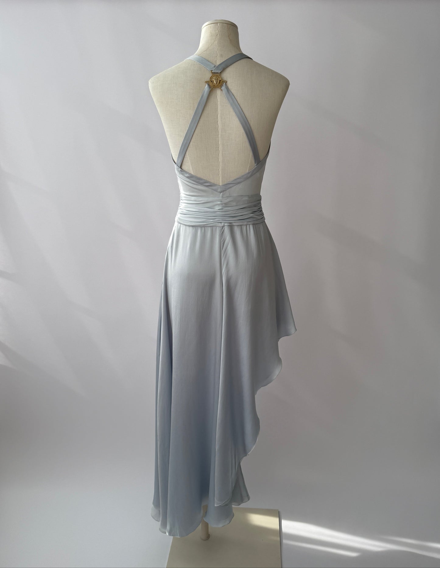 Versace S/S 2005 Vintage Light Blue Plunging Silk Asymmetric Dress (S/M)