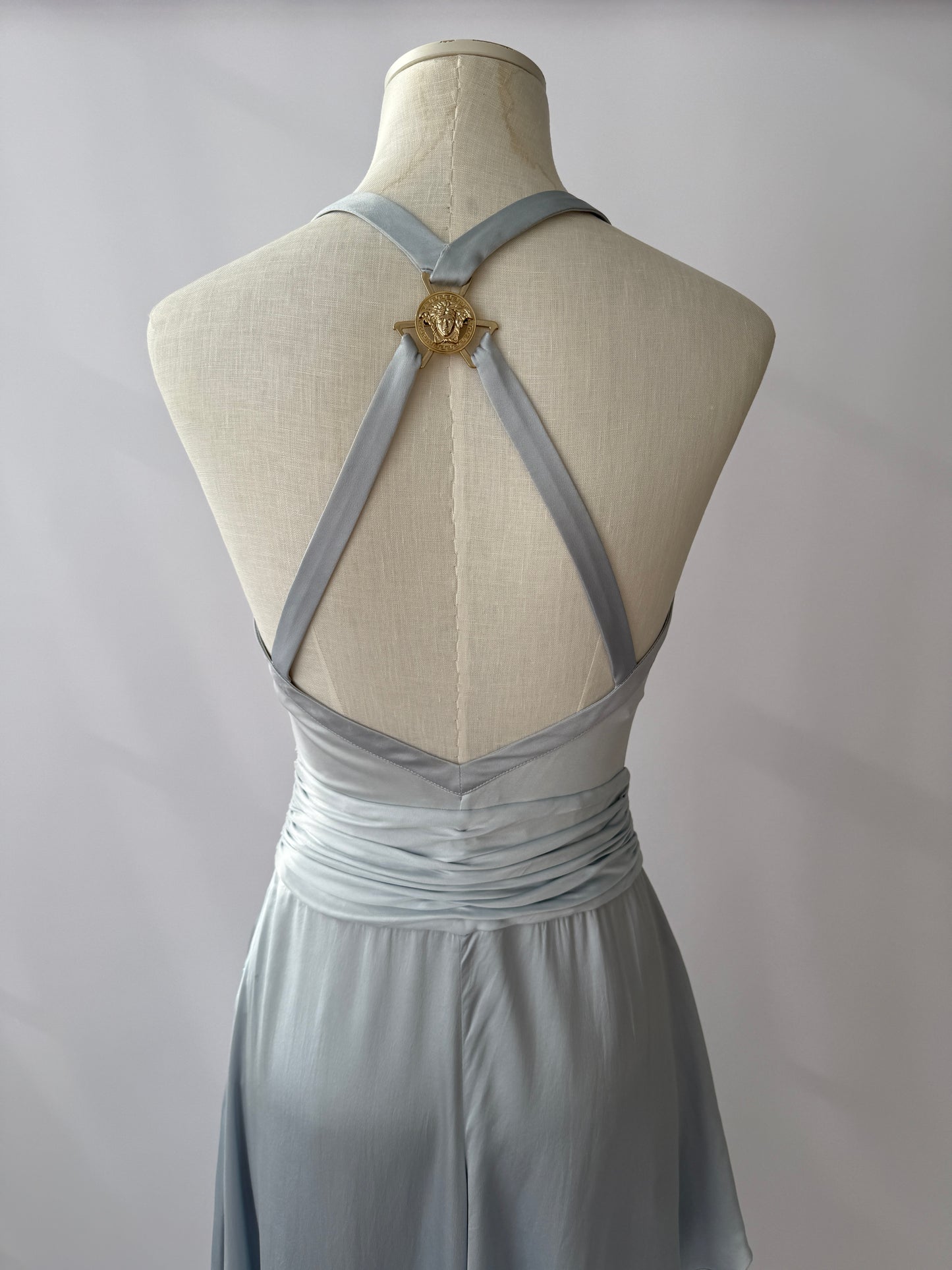 Versace S/S 2005 Vintage Light Blue Plunging Silk Asymmetric Dress (S/M)