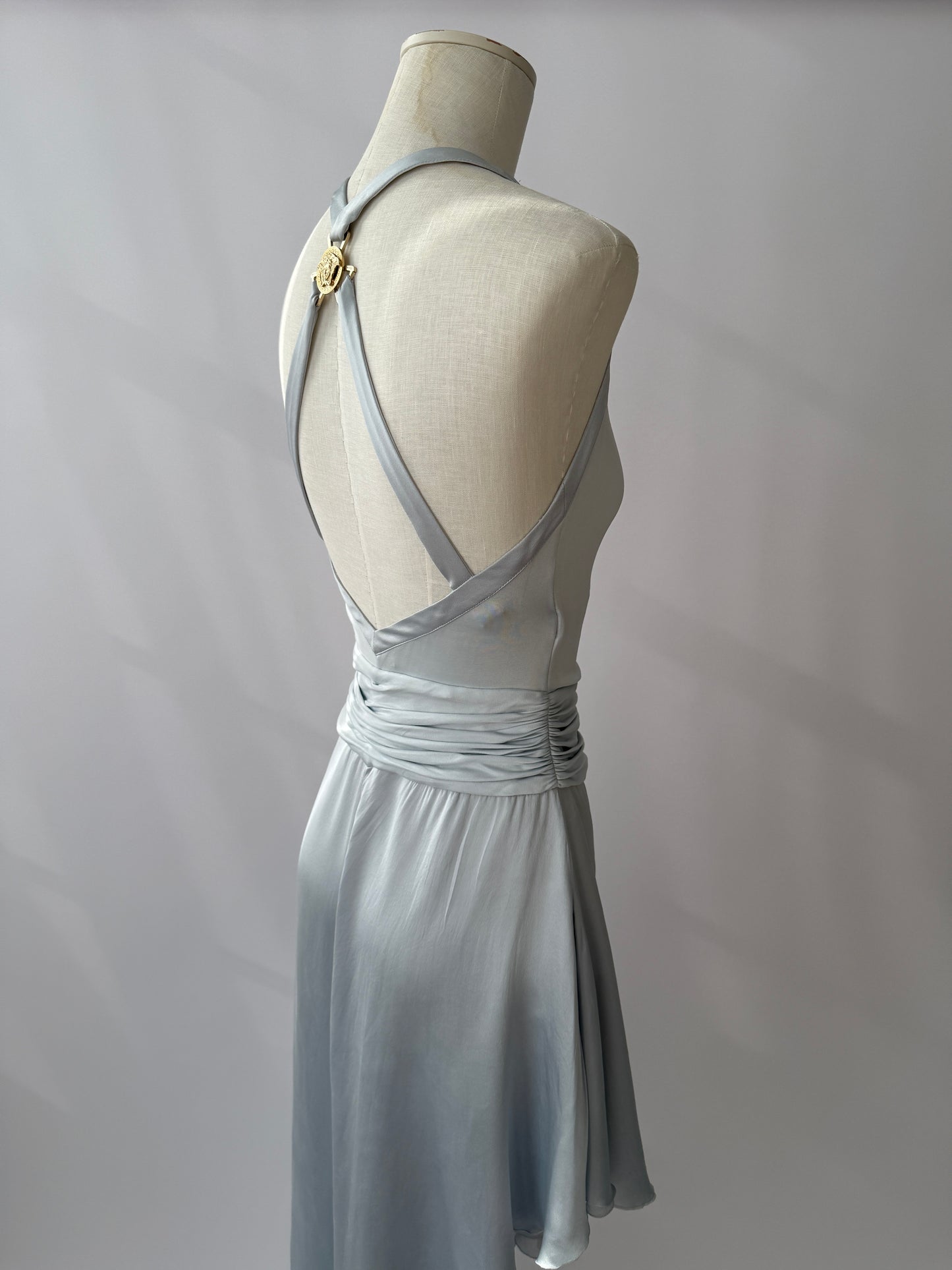 Versace S/S 2005 Vintage Light Blue Plunging Silk Asymmetric Dress (S/M)