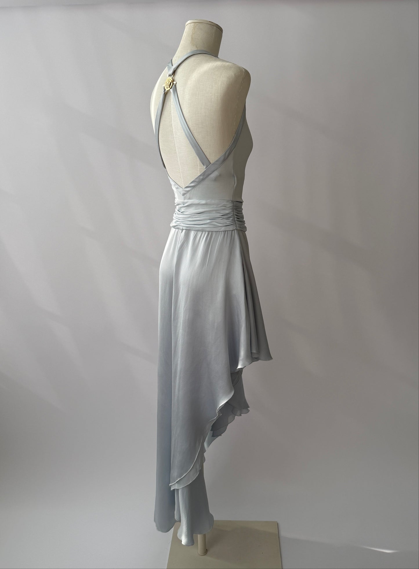 Versace S/S 2005 Vintage Light Blue Plunging Silk Asymmetric Dress (S/M)