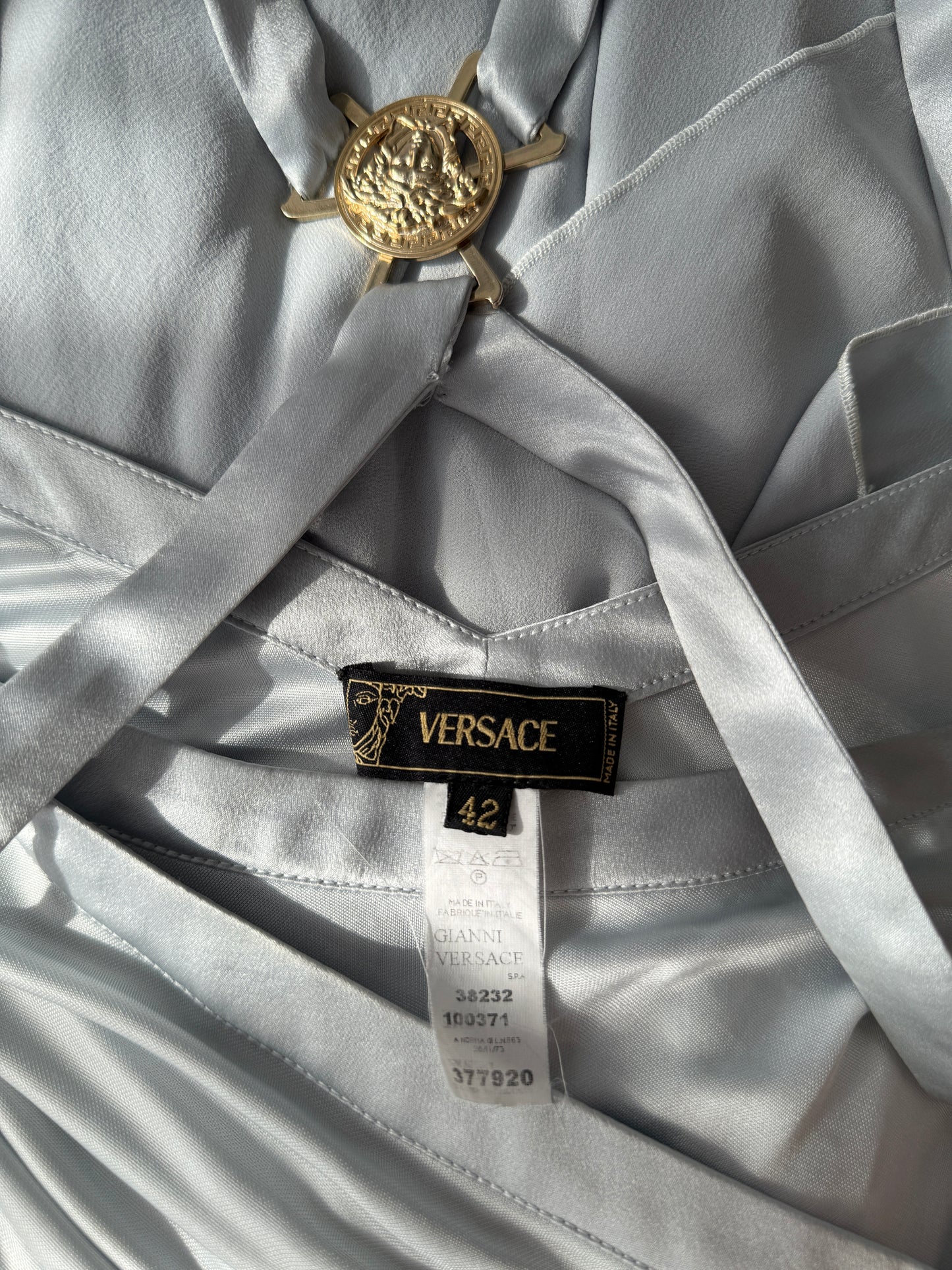 Versace S/S 2005 Vintage Light Blue Plunging Silk Asymmetric Dress (S/M)