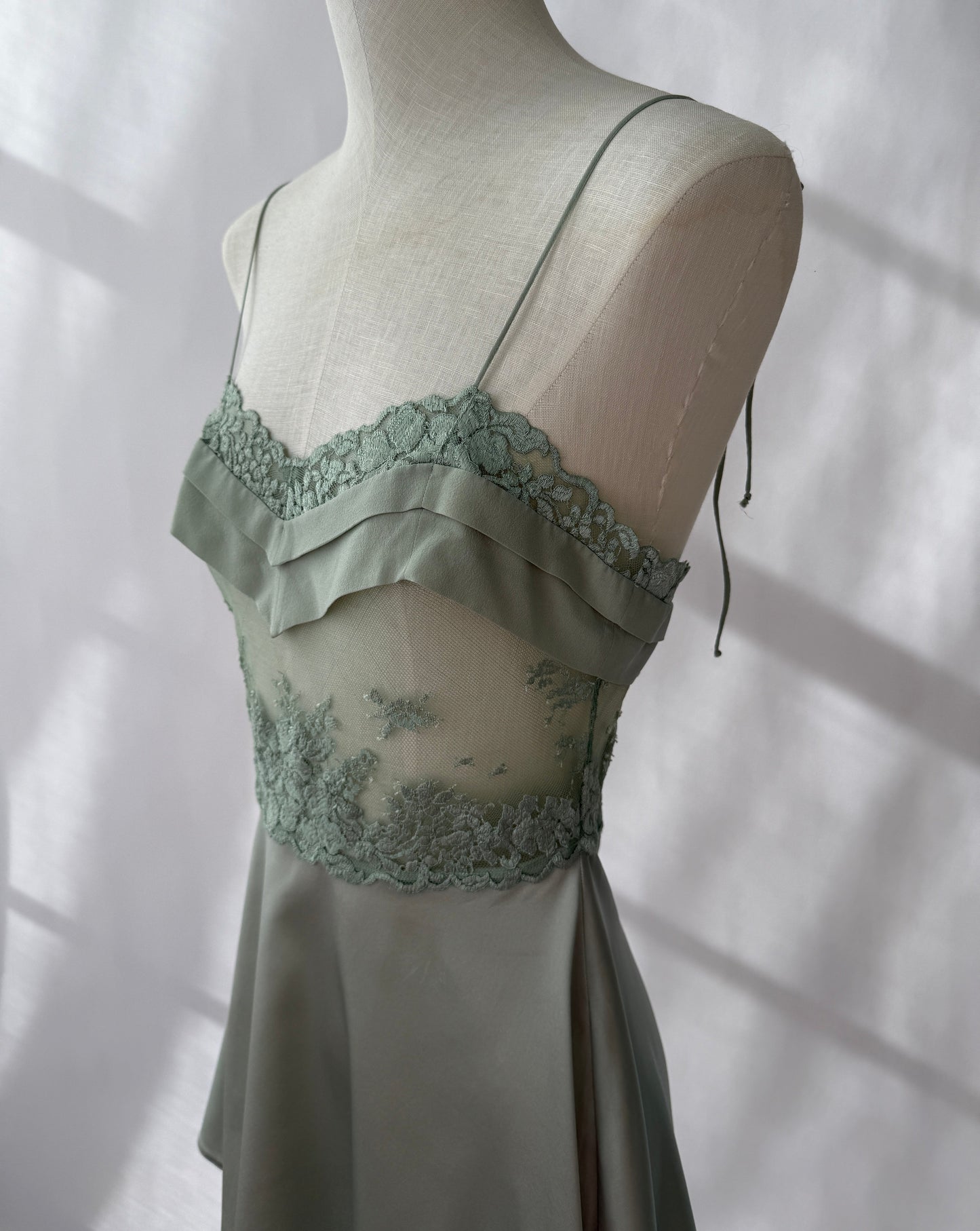 La Perla Soft Pastel Green Silk and Lace Lingerie Mini Slip Dress (S/M)