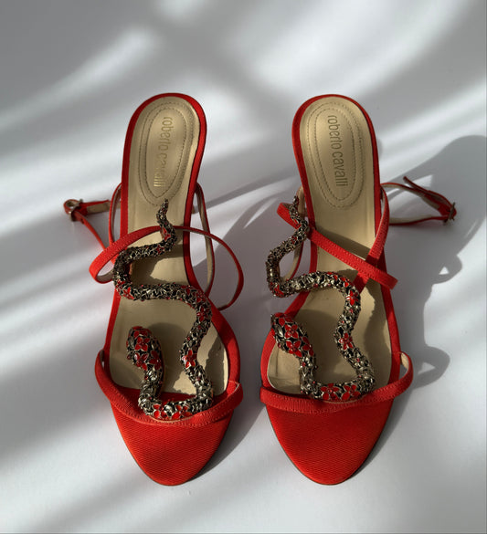 Roberto Cavalli Snake Serpent Embellished Wrap Heels (IT 38/US 8/UK 5)