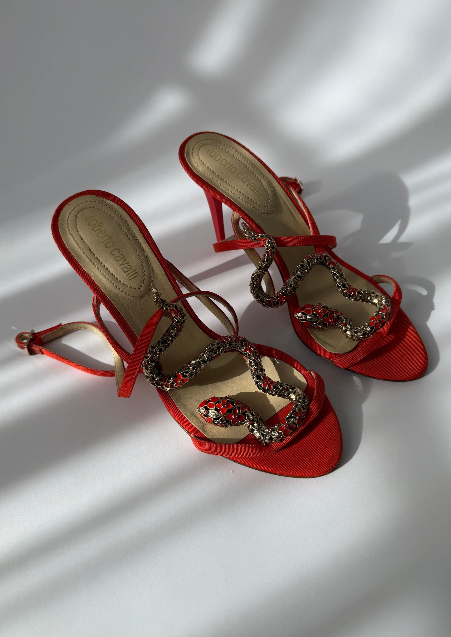Roberto Cavalli Snake Serpent Embellished Wrap Heels (IT 38/US 8/UK 5)