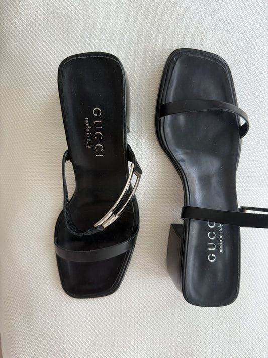 Gucci 90s/00s Vintage Leather Mules with Silver Metal Detail (IT 35/US 5/UK 2)