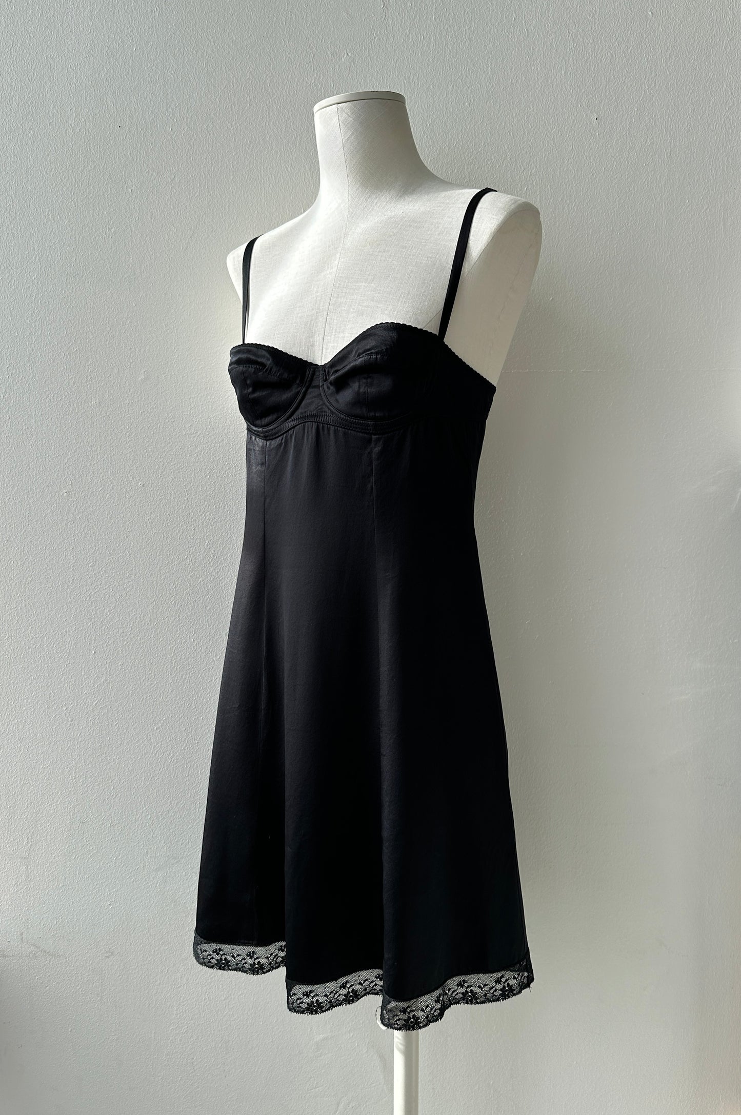 Dolce & Gabbana 90's/early 00’s Black Silk Slip Dress with Built-in Bra and Lace Trim in size M