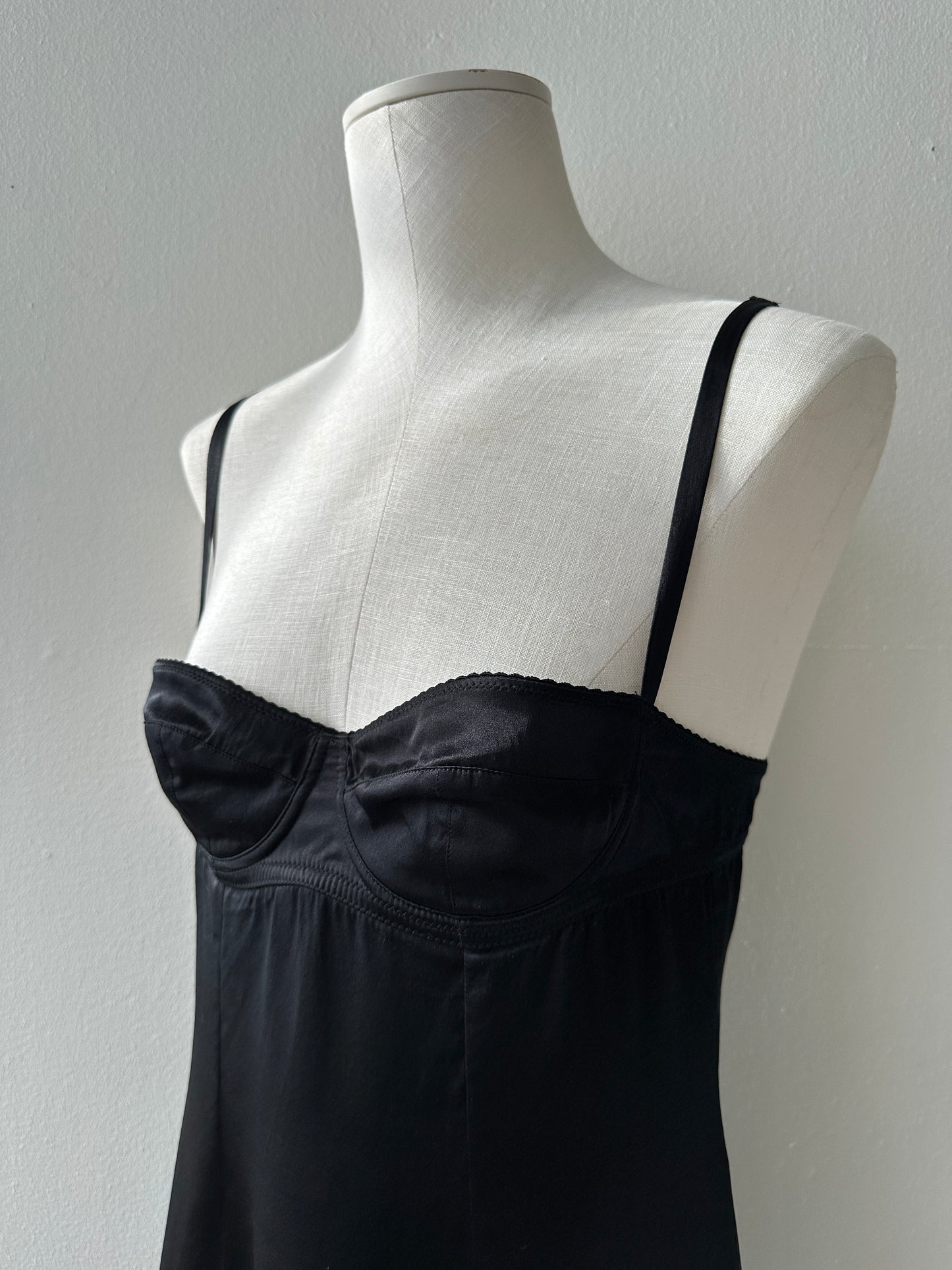 Dolce & Gabbana 90's/early 00’s Black Silk Slip Dress with Built-in Bra and Lace Trim in size M
