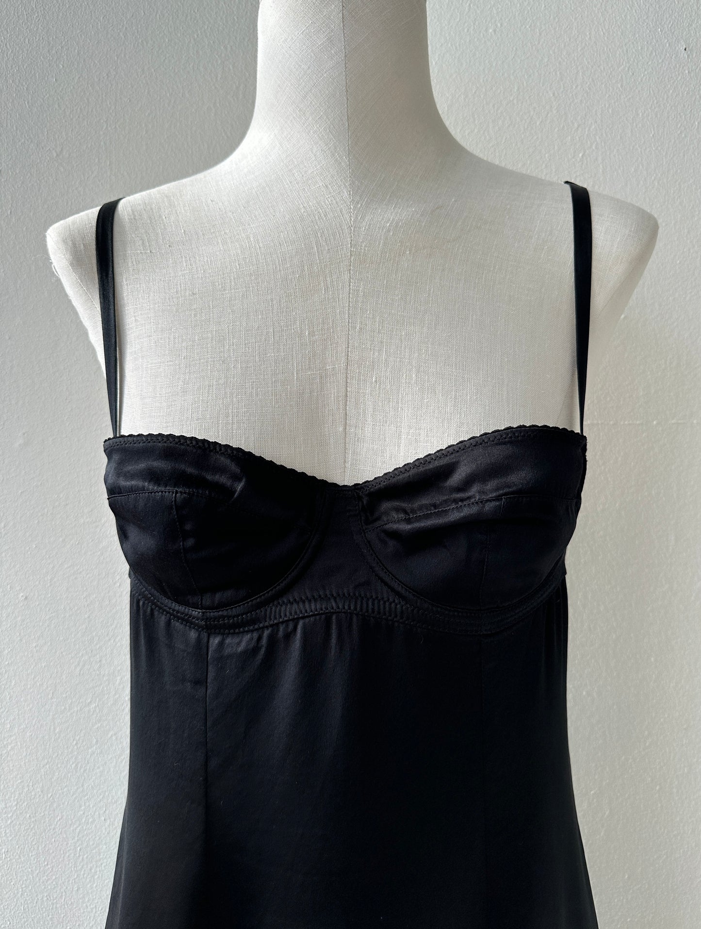 Dolce & Gabbana 90's/early 00’s Black Silk Slip Dress with Built-in Bra and Lace Trim in size M