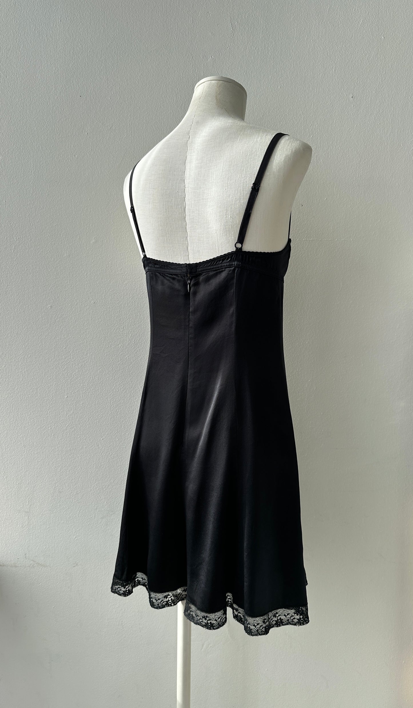 Dolce & Gabbana 90's/early 00’s Black Silk Slip Dress with Built-in Bra and Lace Trim in size M