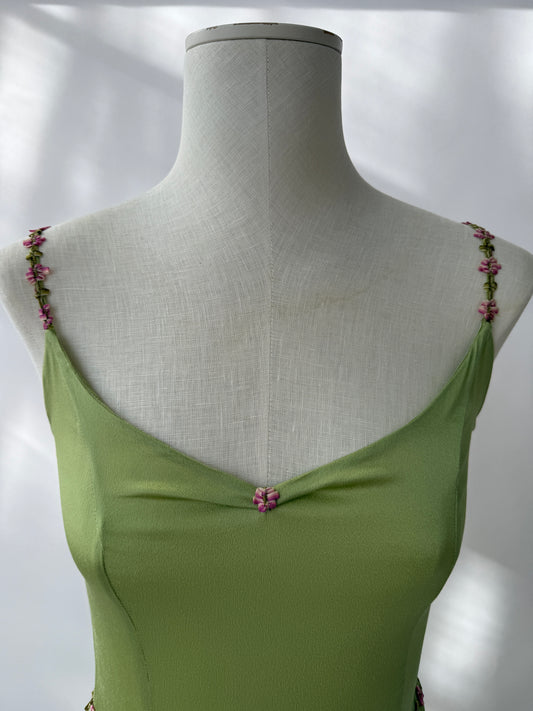 Blumarine Blugirl 2000s Vintage Green Floral Satin Slit Dress (S)