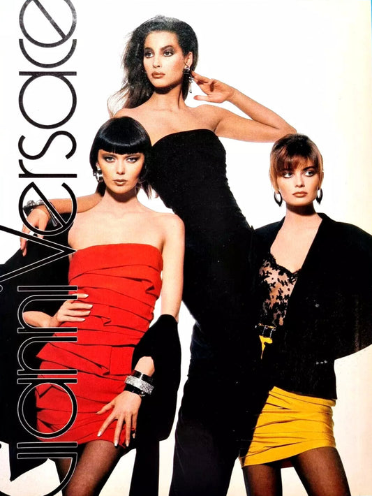 Model Brynja Sverris on the advertising campaign wearing the Versace F/W 1987 Vintage Ruched Dress.