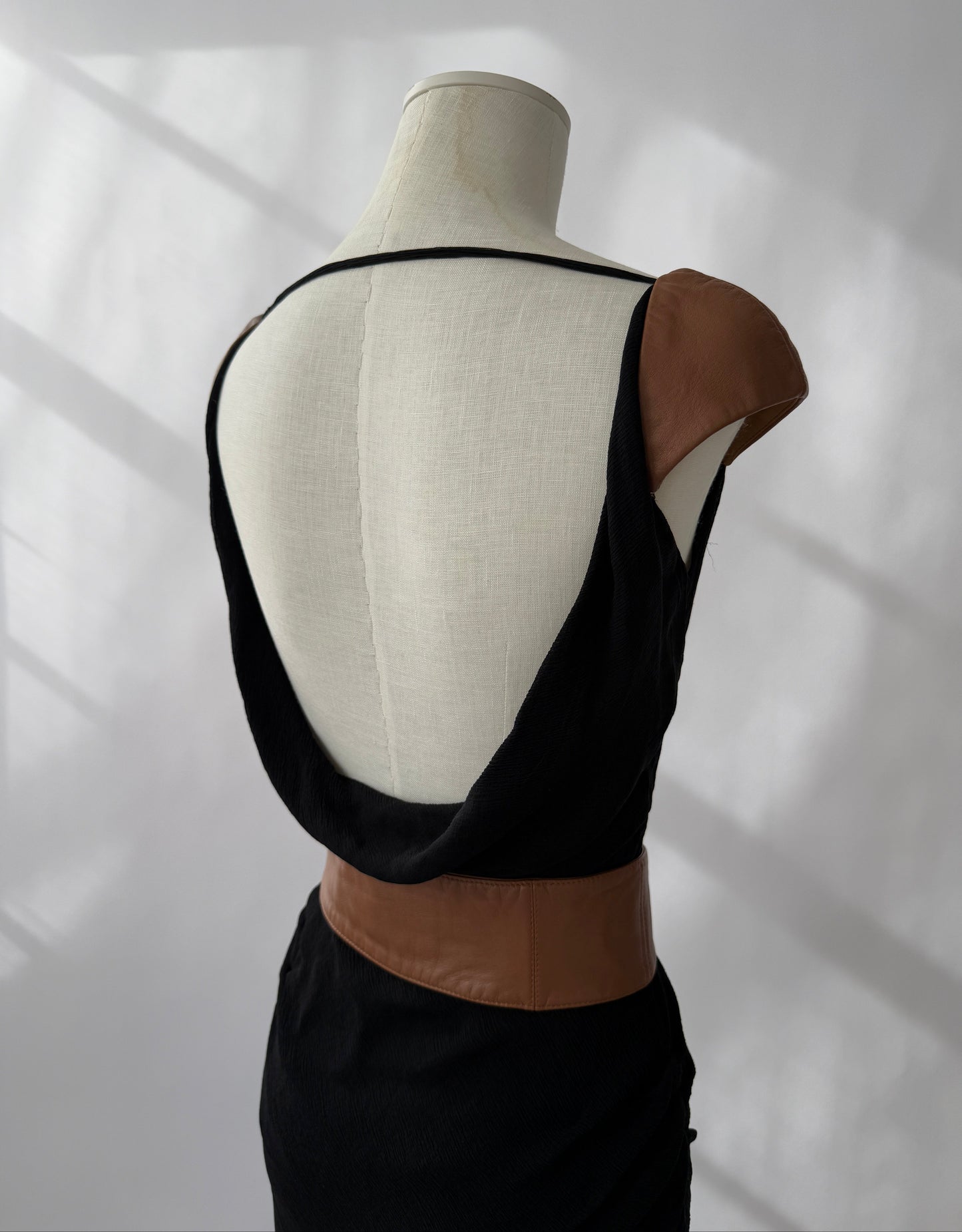 Versace F/W 2001 Vintage Runway Black Silk and Leather Open Back Dress (S)