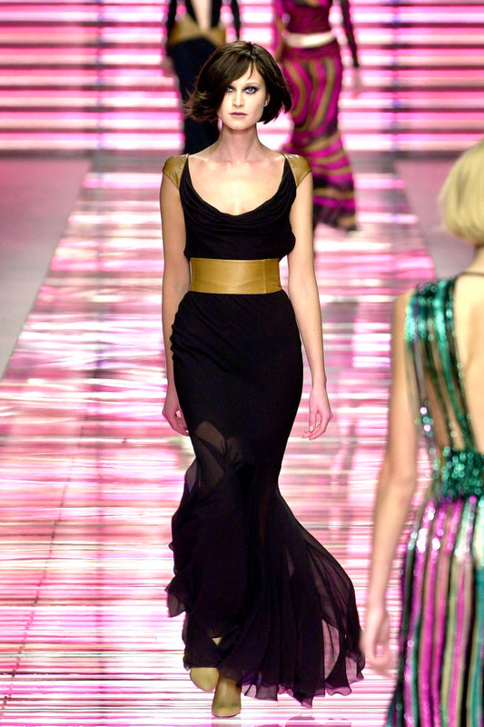 Versace F/W 2001 Vintage Runway Black Silk Chiffon Open Back Dress in size S on model