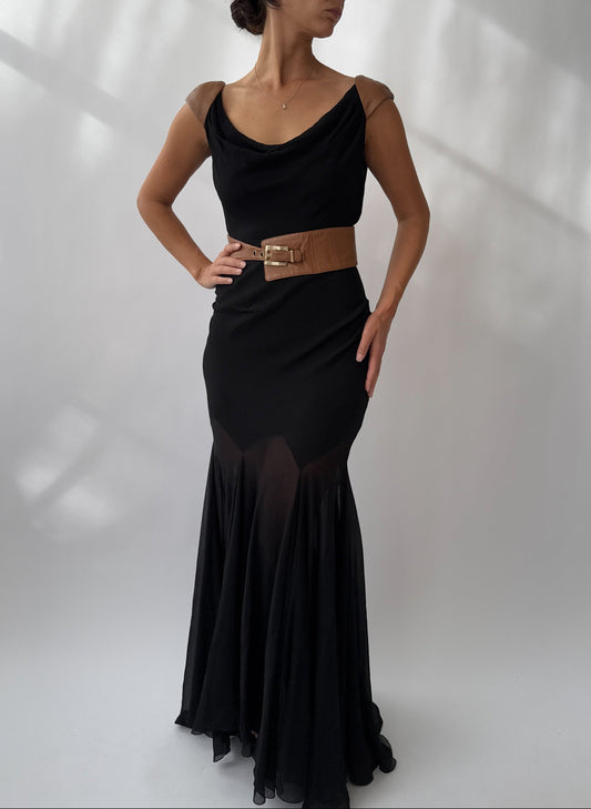 Versace F/W 2001 Vintage Runway Black Silk Dress with Open Back and Brown Leather Belt in size S.