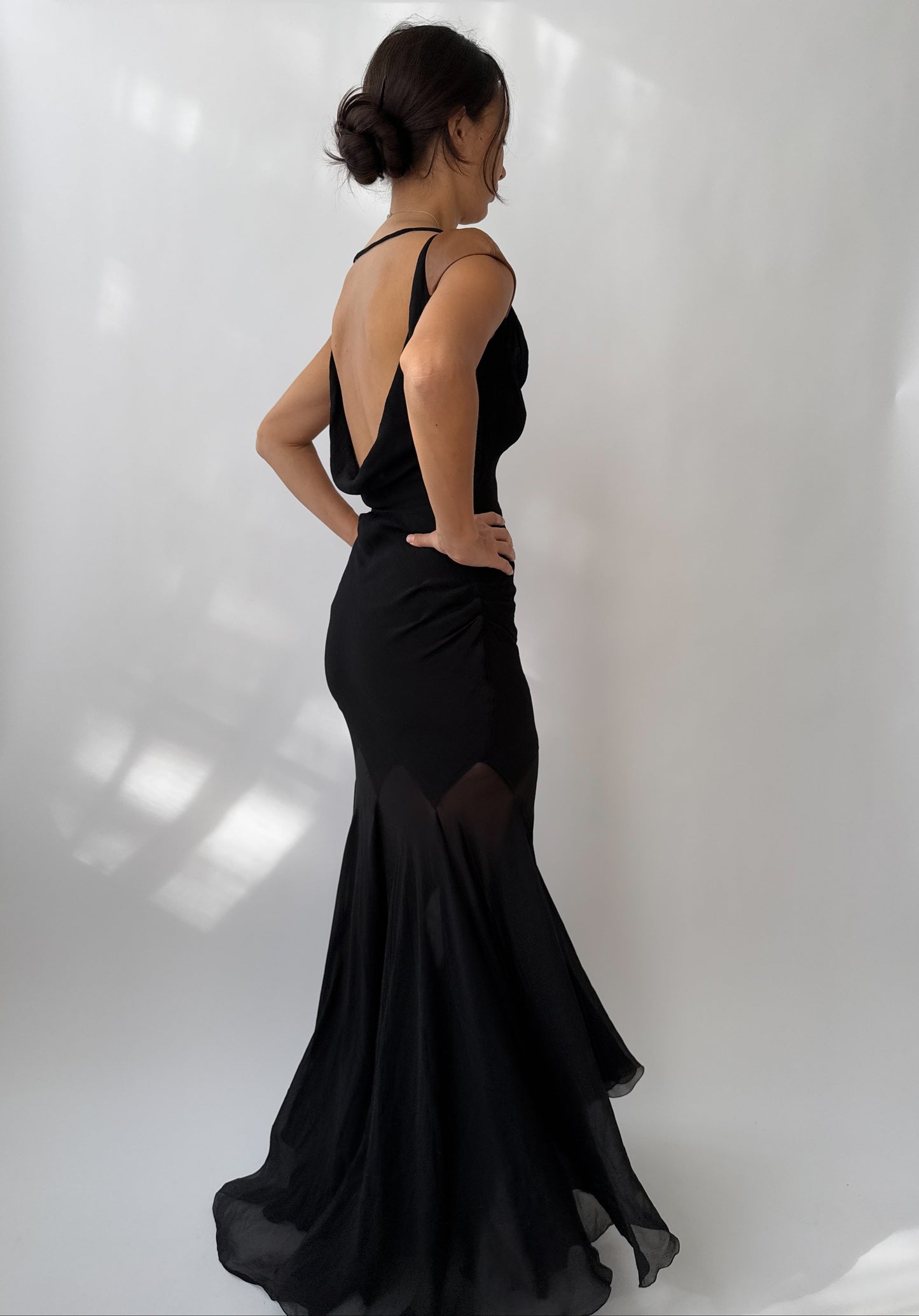 Versace F/W 2001 Vintage Runway Black Silk and Leather Open Back Dress (S)