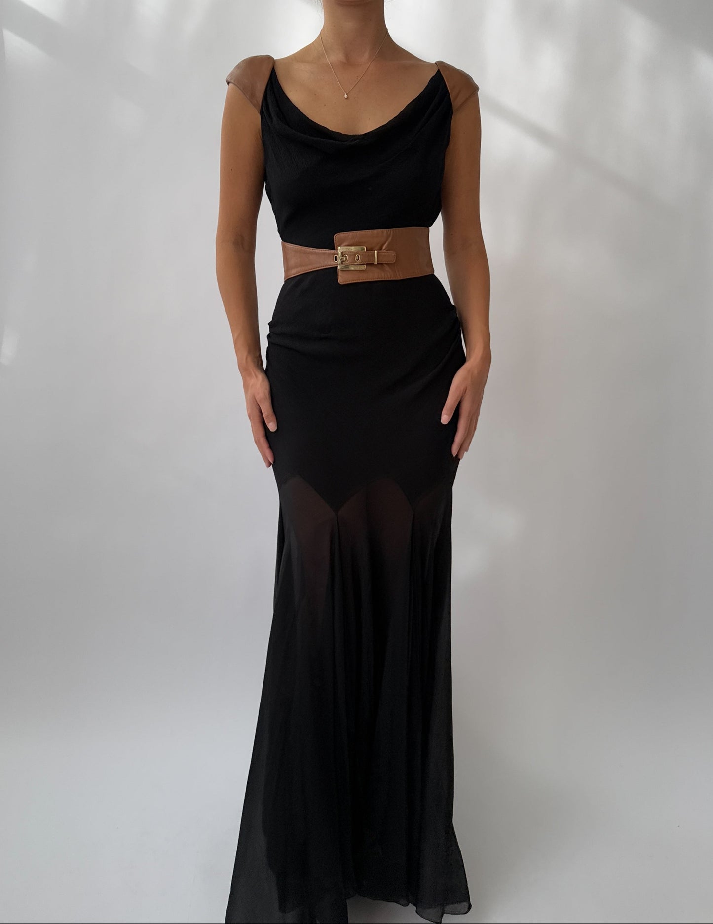 Versace F/W 2001 Vintage Runway Black Silk and Leather Open Back Dress (S)