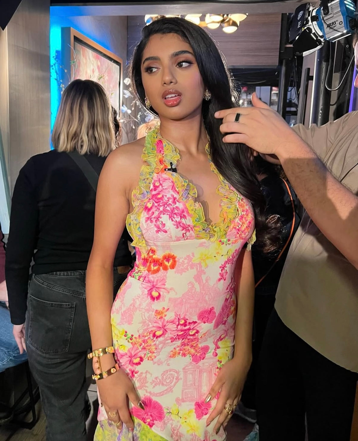 Avantika wearing the vintage Versace silk asymmetric ruffled dress with plunging neckline