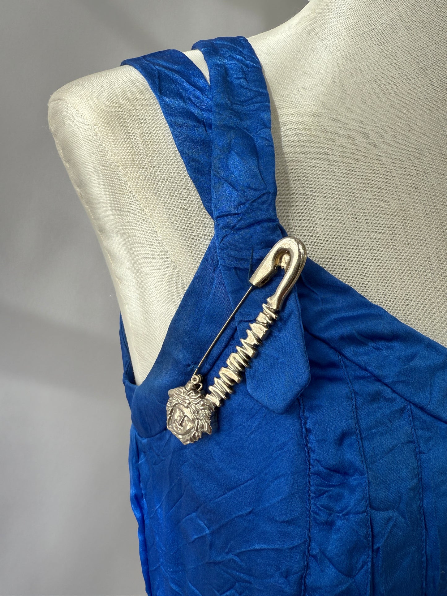 Versace S/S 1994 Runway Vintage Safety Pin Blue Silk Dress (XS)