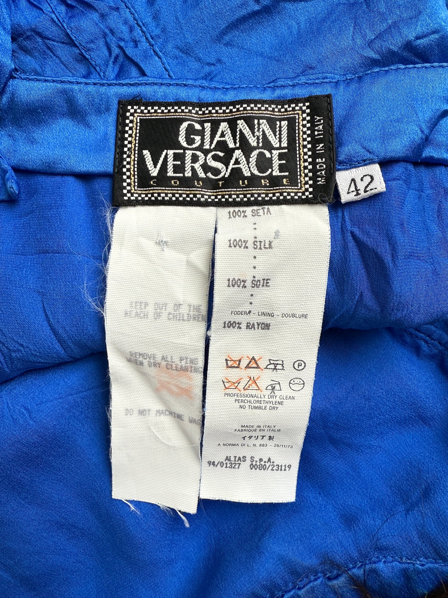 Versace S/S 1994 Runway Vintage Safety Pin Blue Silk Dress (XS)