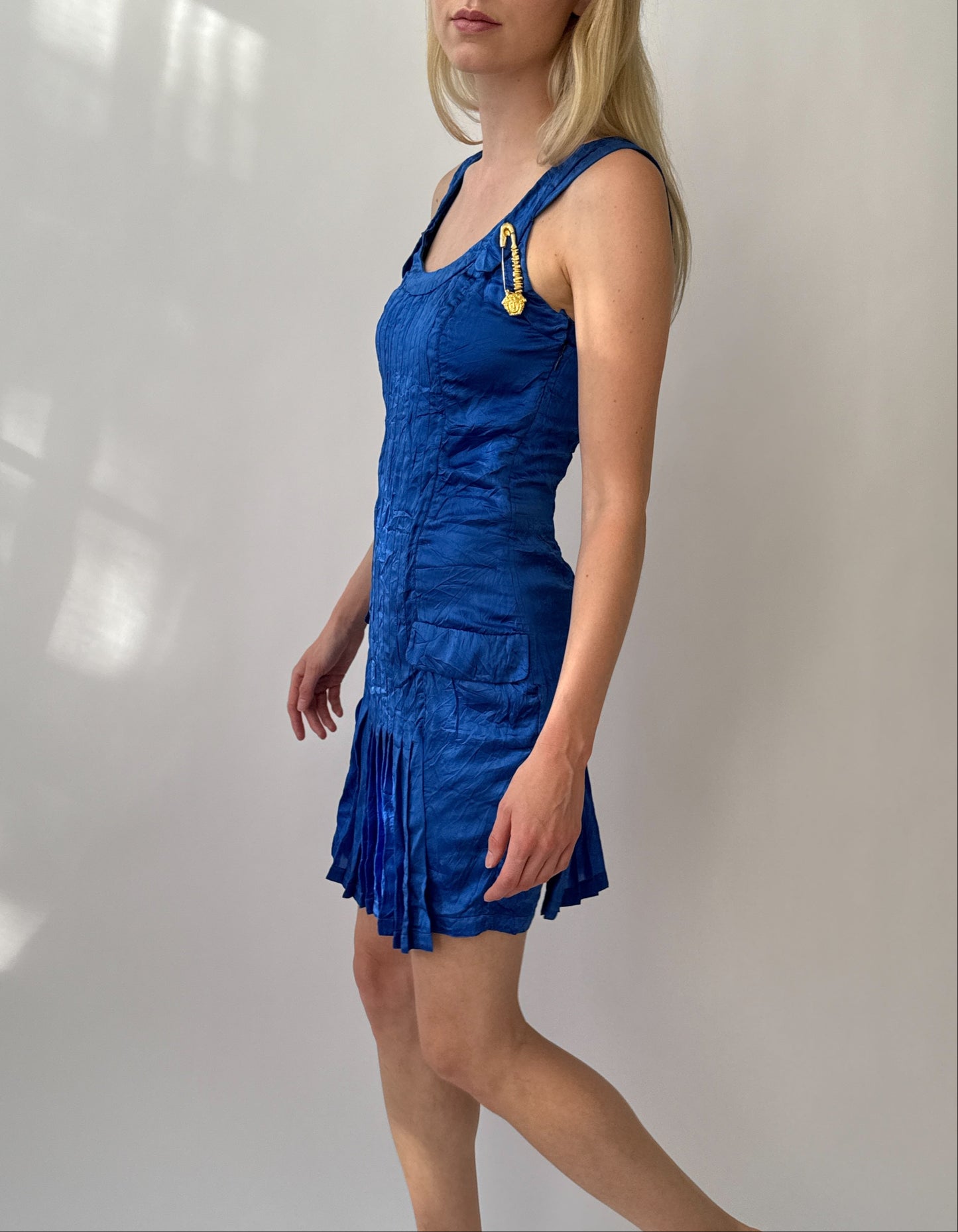 Versace S/S 1994 Runway Vintage Safety Pin Blue Silk Dress (XS)