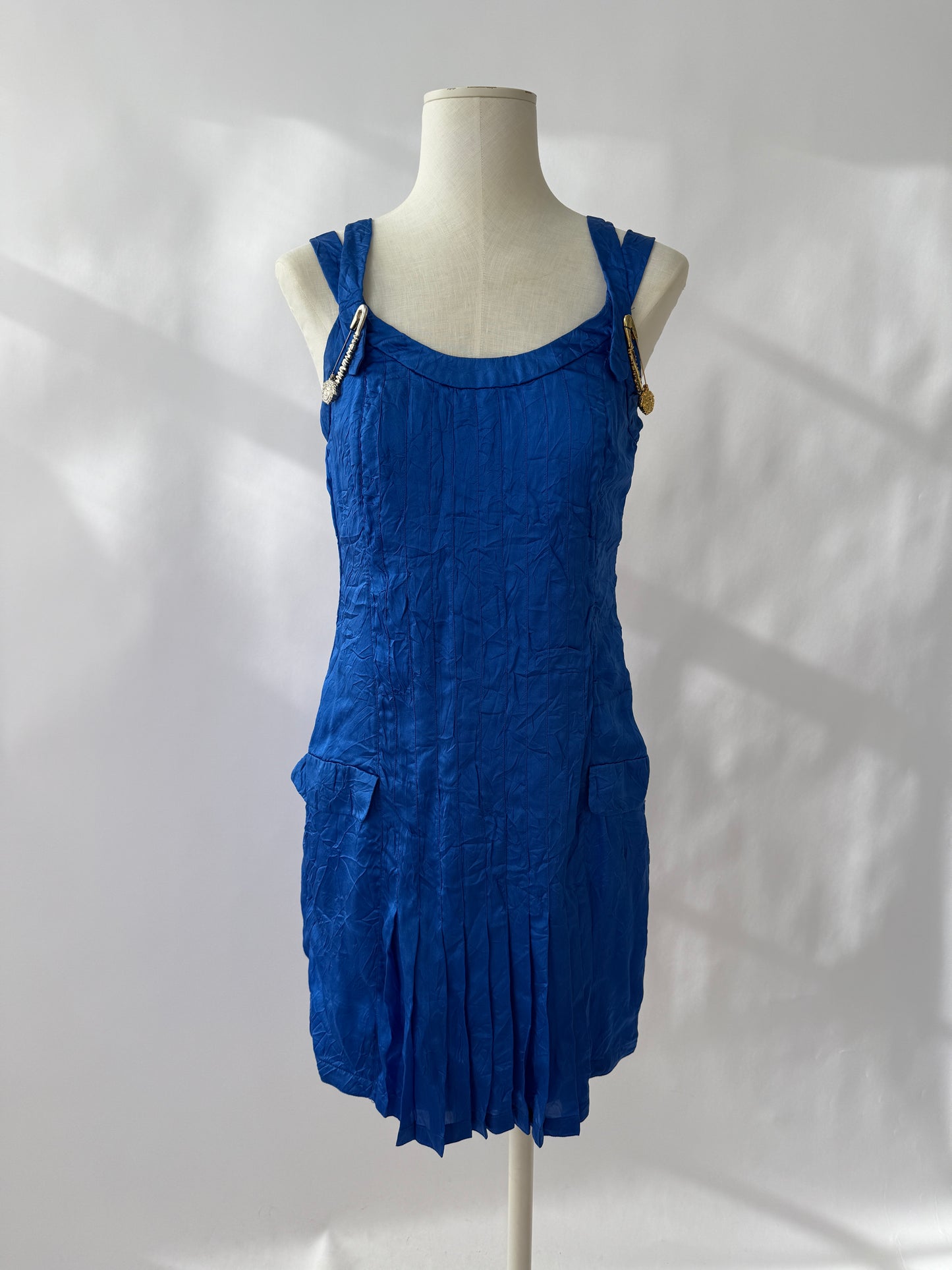 Versace S/S 1994 Runway Vintage Safety Pin Blue Silk Dress (XS)