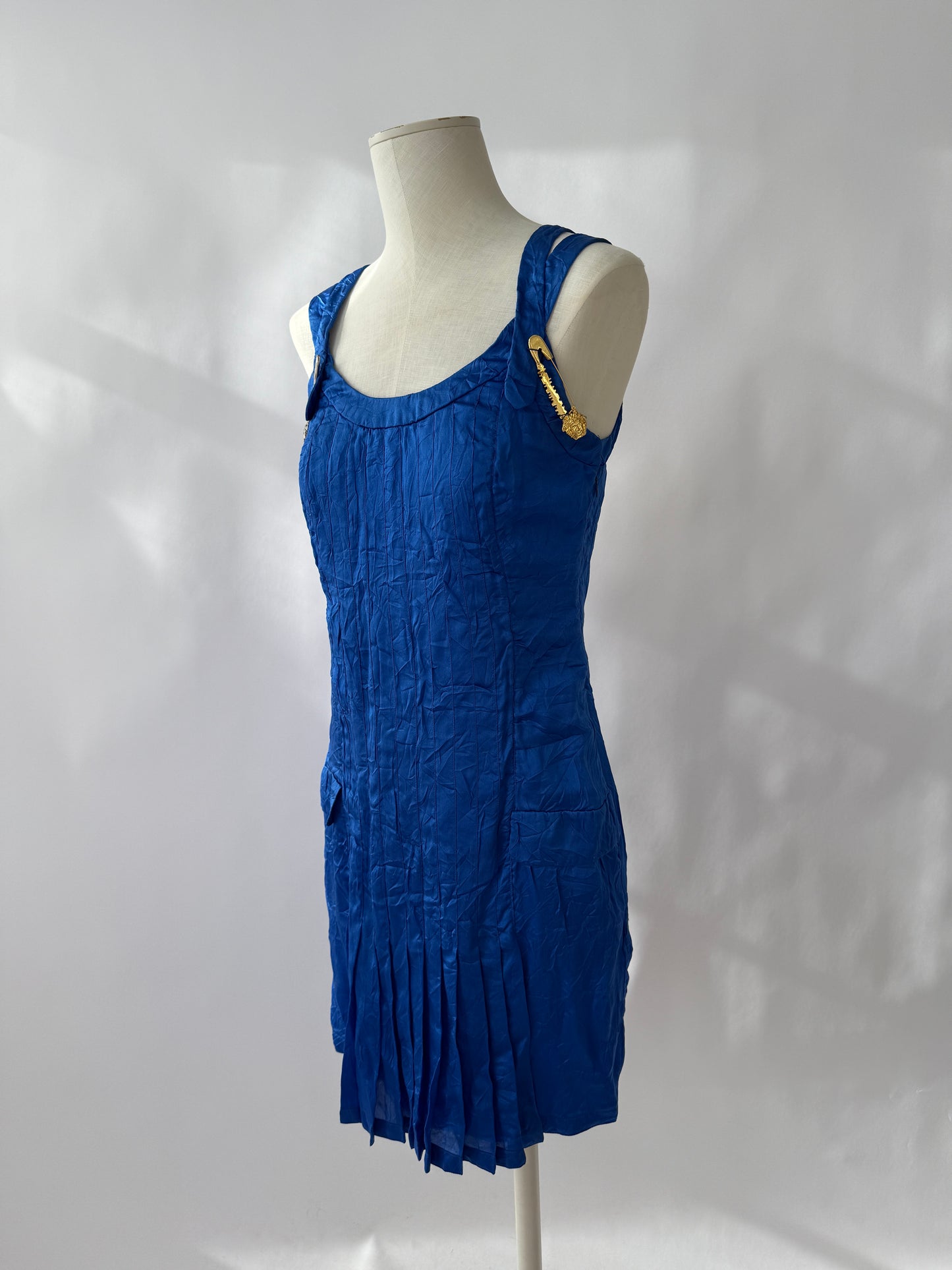 Versace S/S 1994 Runway Vintage Safety Pin Blue Silk Dress (XS)