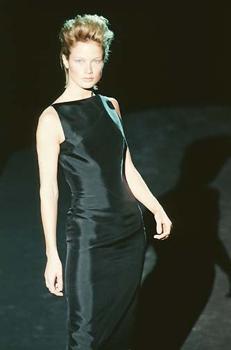 Gucci by Tom Ford S/S 1998 Black Panelled Sheath Satin Pencil Dress on the runway.