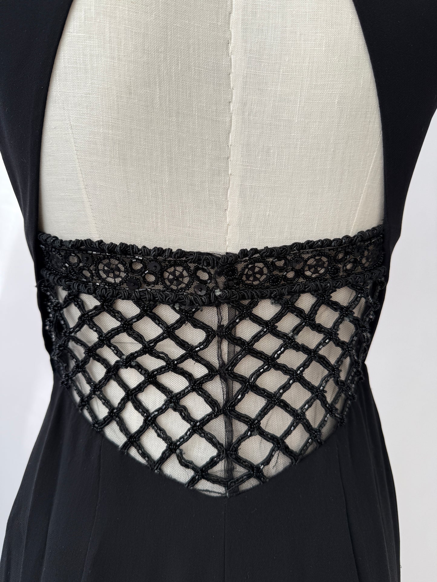 Valentino F/W 2001 Runway Black Silk Beaded Backless Mini Dress (S)