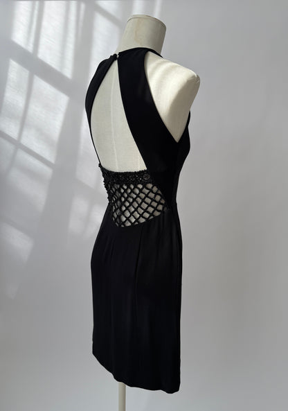 Valentino F/W 2001 Runway Black Silk Beaded Backless Mini Dress (S)
